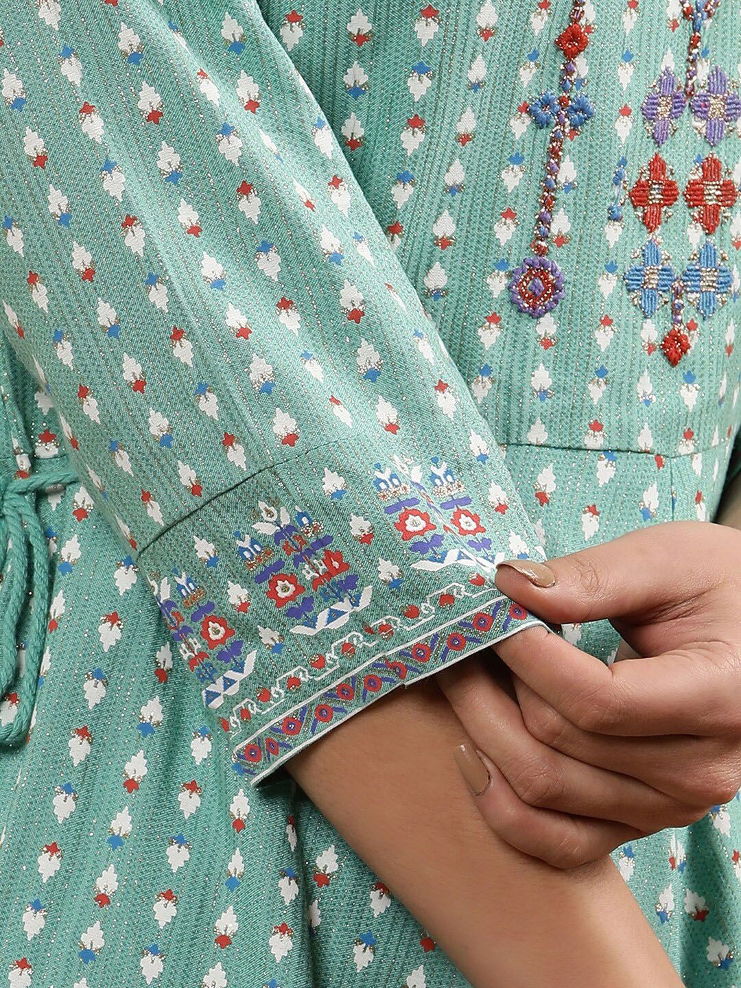 W Green Geometric Printed Keyhole Neck Anarkali Kurta Set