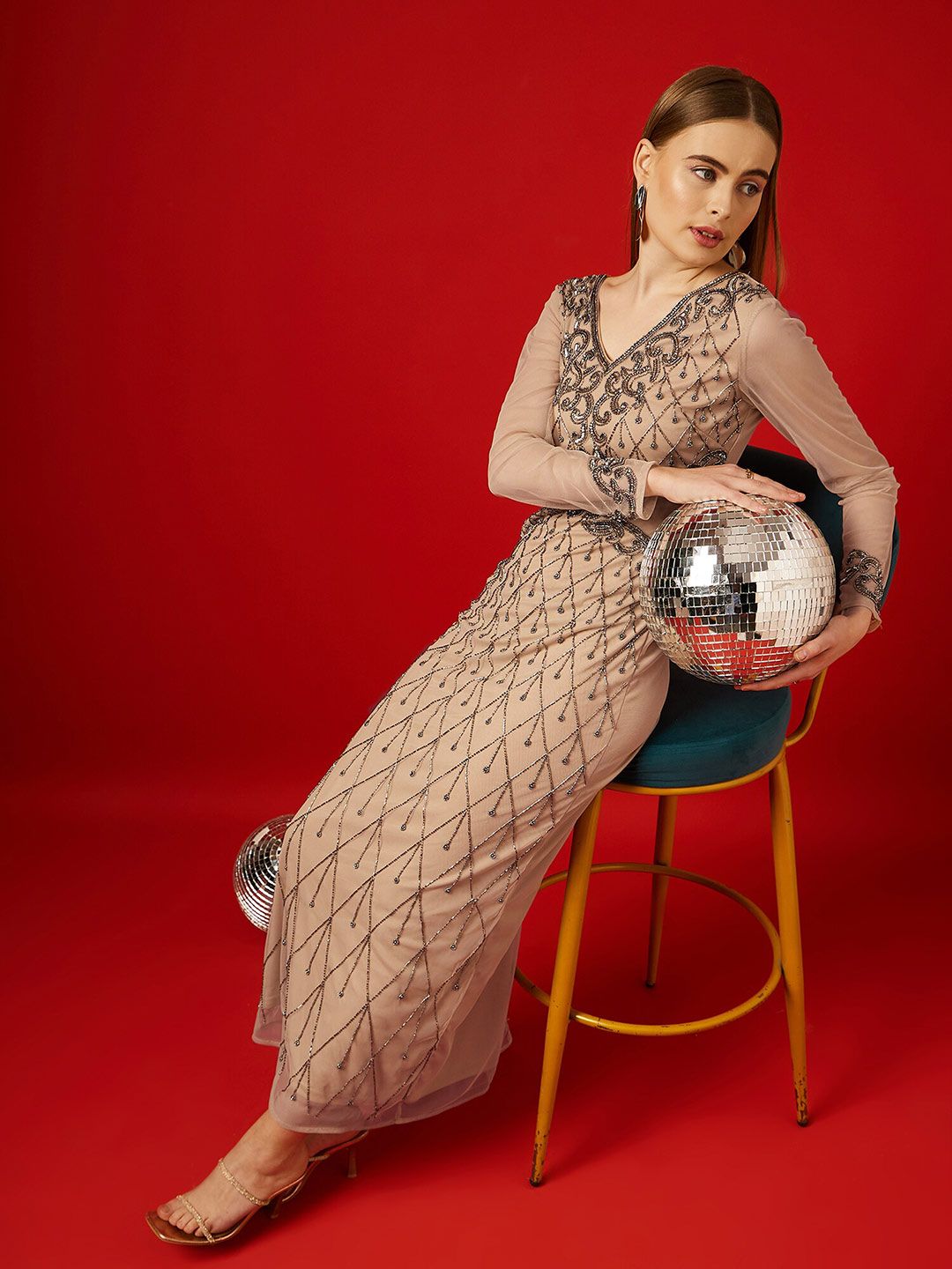 STREET 9 Embellished Long Sleeves Net Maxi Dress