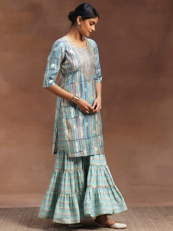 Libas Geometric Printed Sequinned Straight Kurta With Sharara & Dupatta