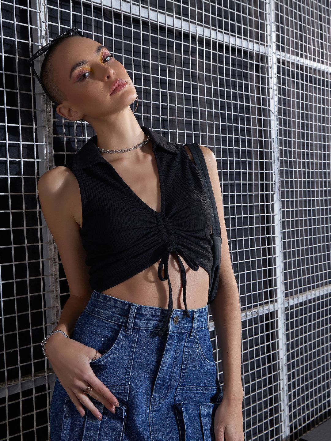 SASSAFRAS Black Lace-Up Shirt Style Crop Top