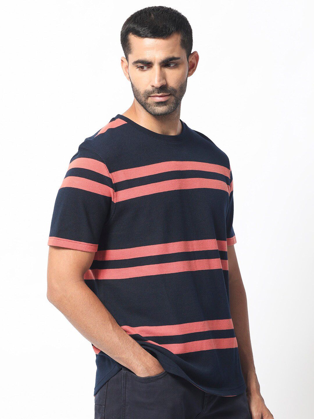 RARE RABBIT Men Cachos Striped Pure Cotton Slim Fit T-Shirt