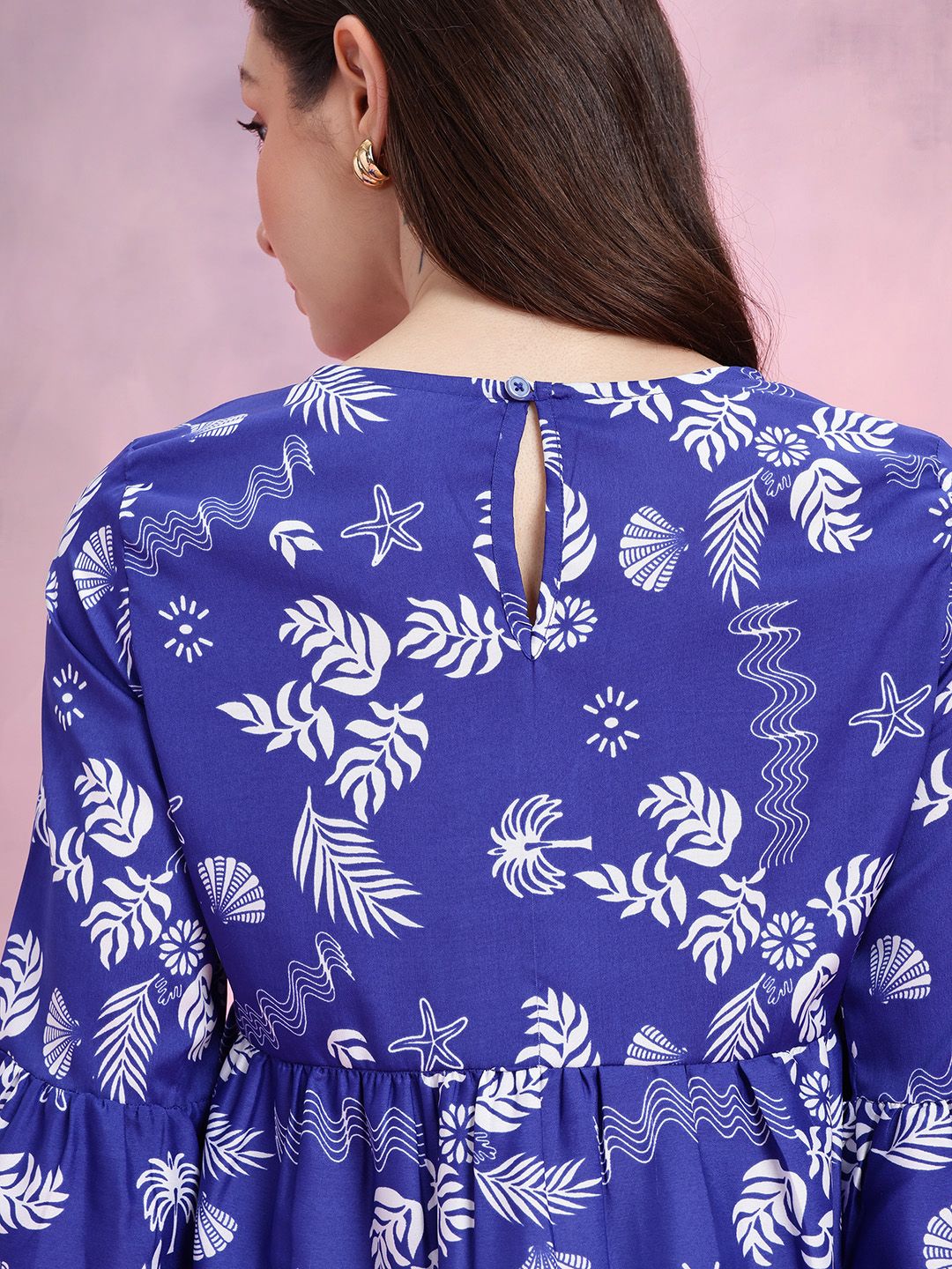 DressBerry Tropical Print Gathered Detail Bell Sleeves Peplum Top