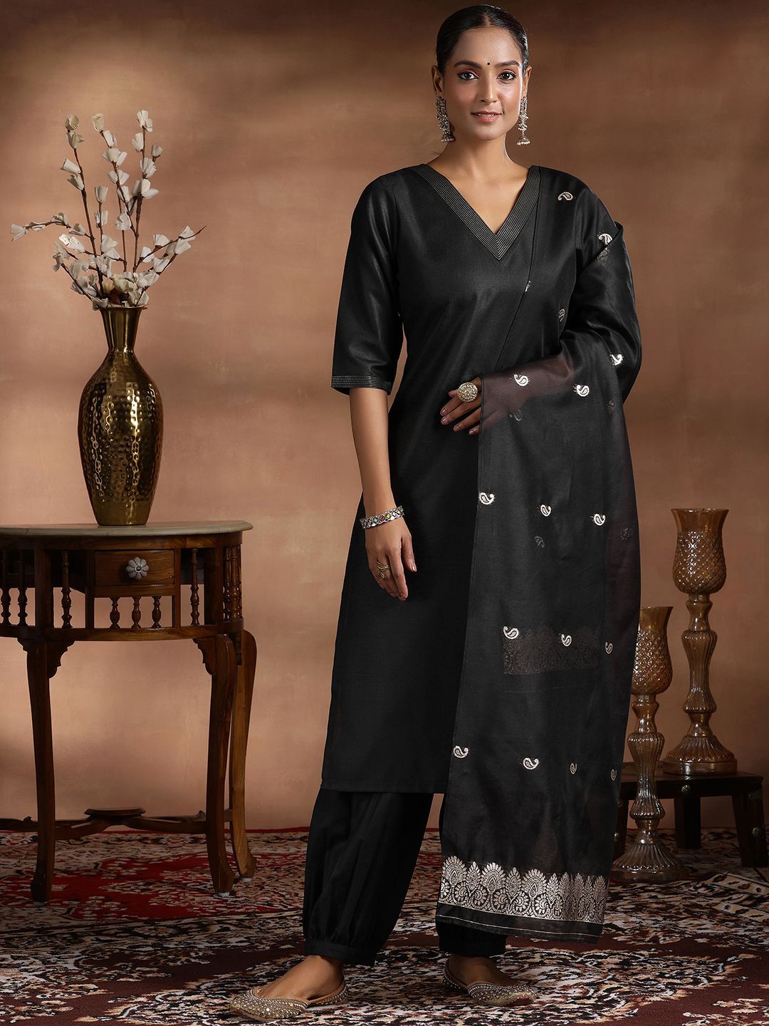 Libas V-Neck Straight Kurta with Salwar & With Dupatta