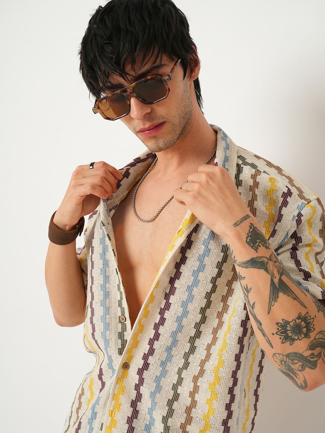 VASTRADO Men Classic Cuban Collar Vertical Striped Cotton Oversized Casual Shirt