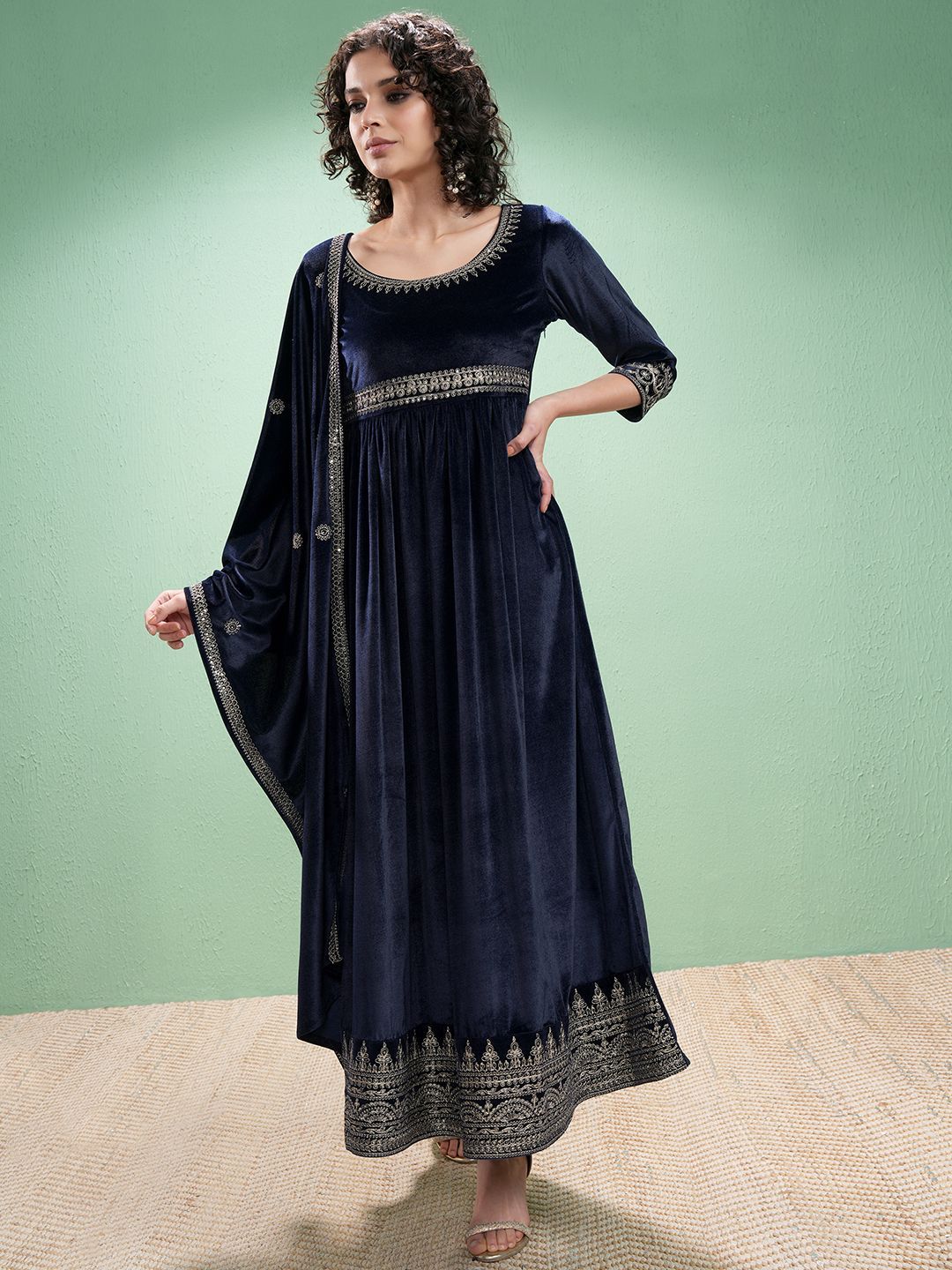 Vishudh Velvet Embroidered Maxi Dress With Dupatta