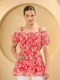 Antheaa Women Floral Print Chiffon Bardot Top