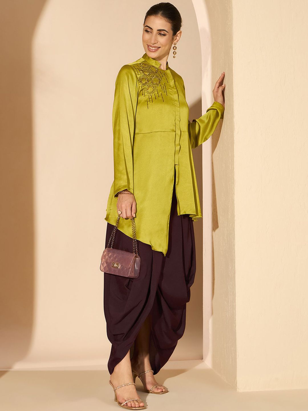 Antheaa 100% Satin Embroidered Mandarin Collar Tunic & Palazzo