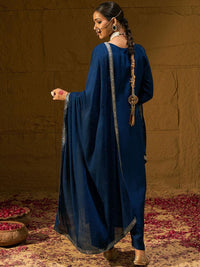 Indo Era Ethnic Motifs Embroidered V-Neck Jacquard Straight Kurta With Trousers & Dupatta