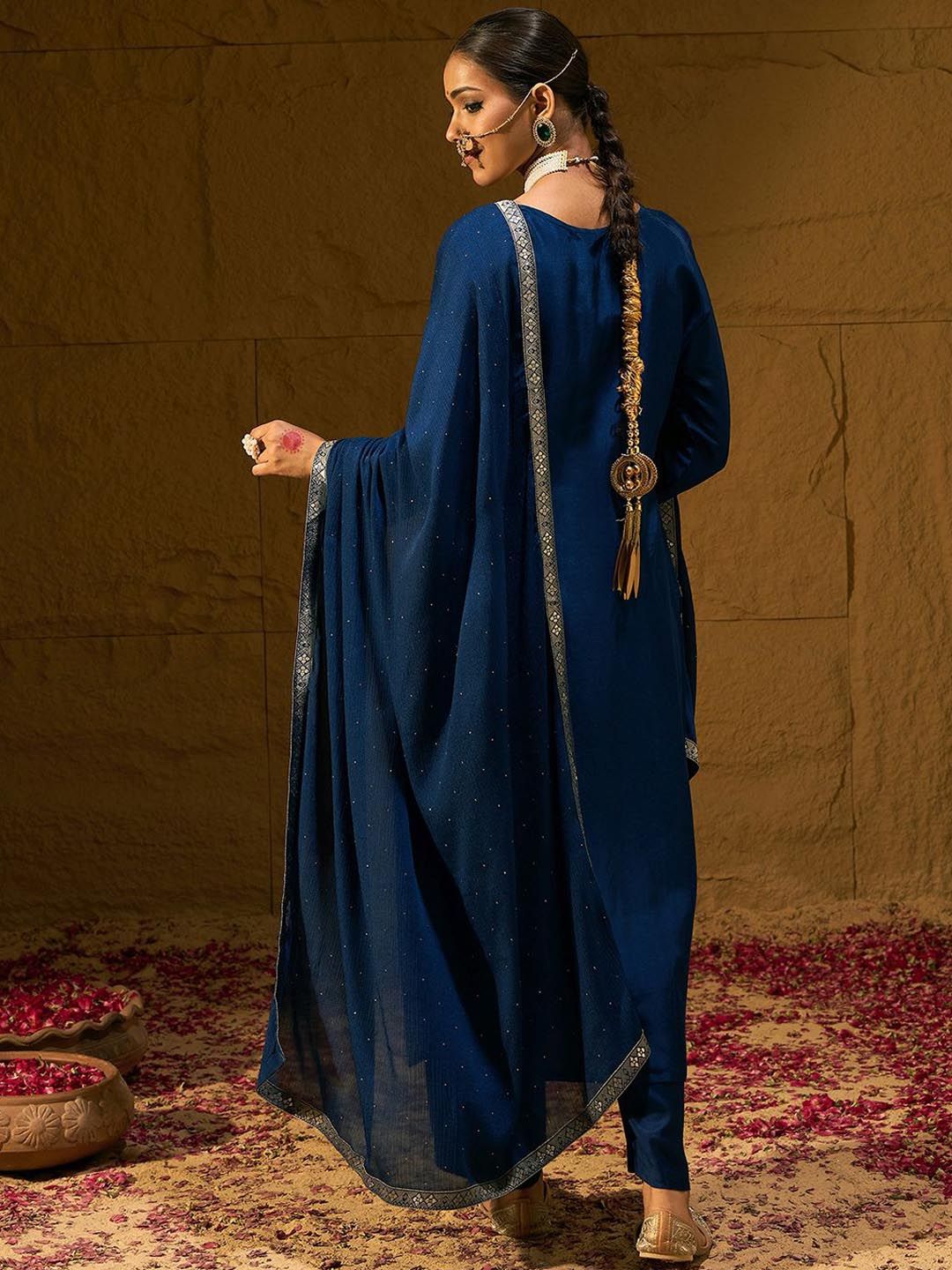 Indo Era Ethnic Motifs Embroidered V-Neck Jacquard Straight Kurta With Trousers & Dupatta