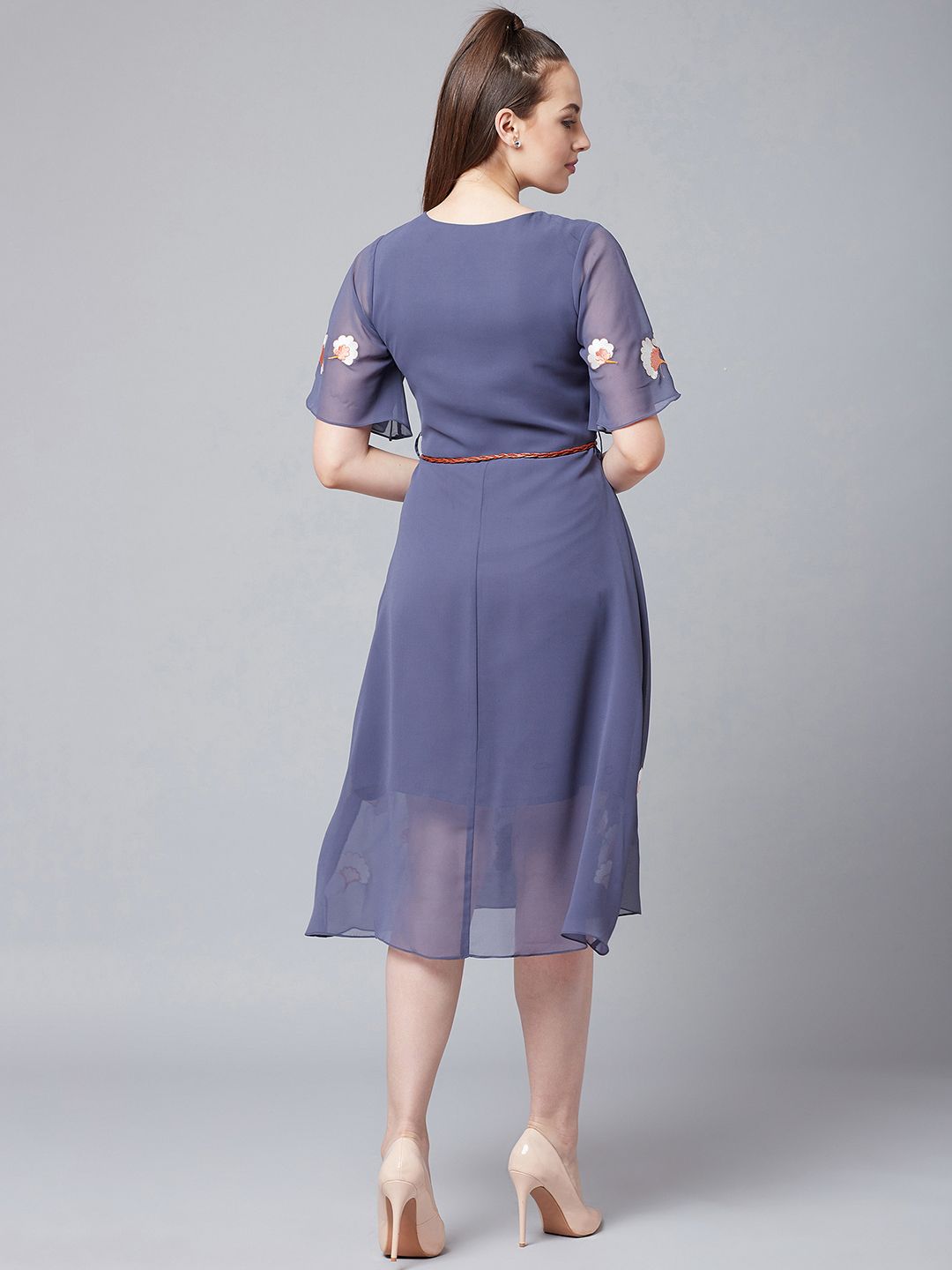 Athena Floral Embroidered V-Neck Belted A-Line Dress