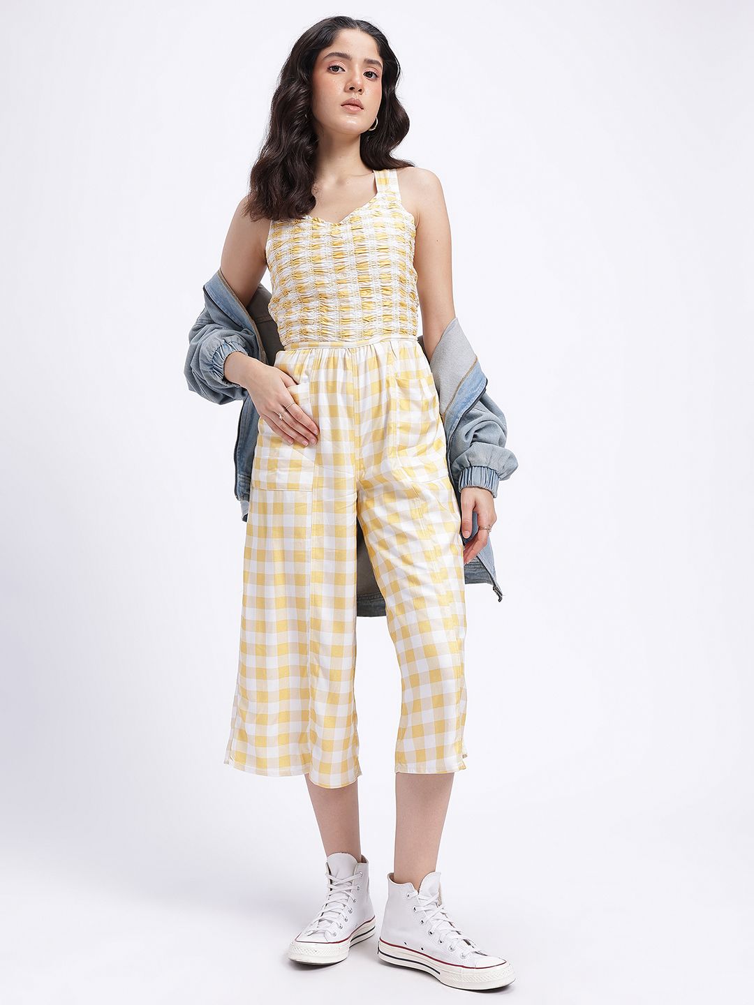 DressBerry Smocked Checked Styled Back Jumpsuit