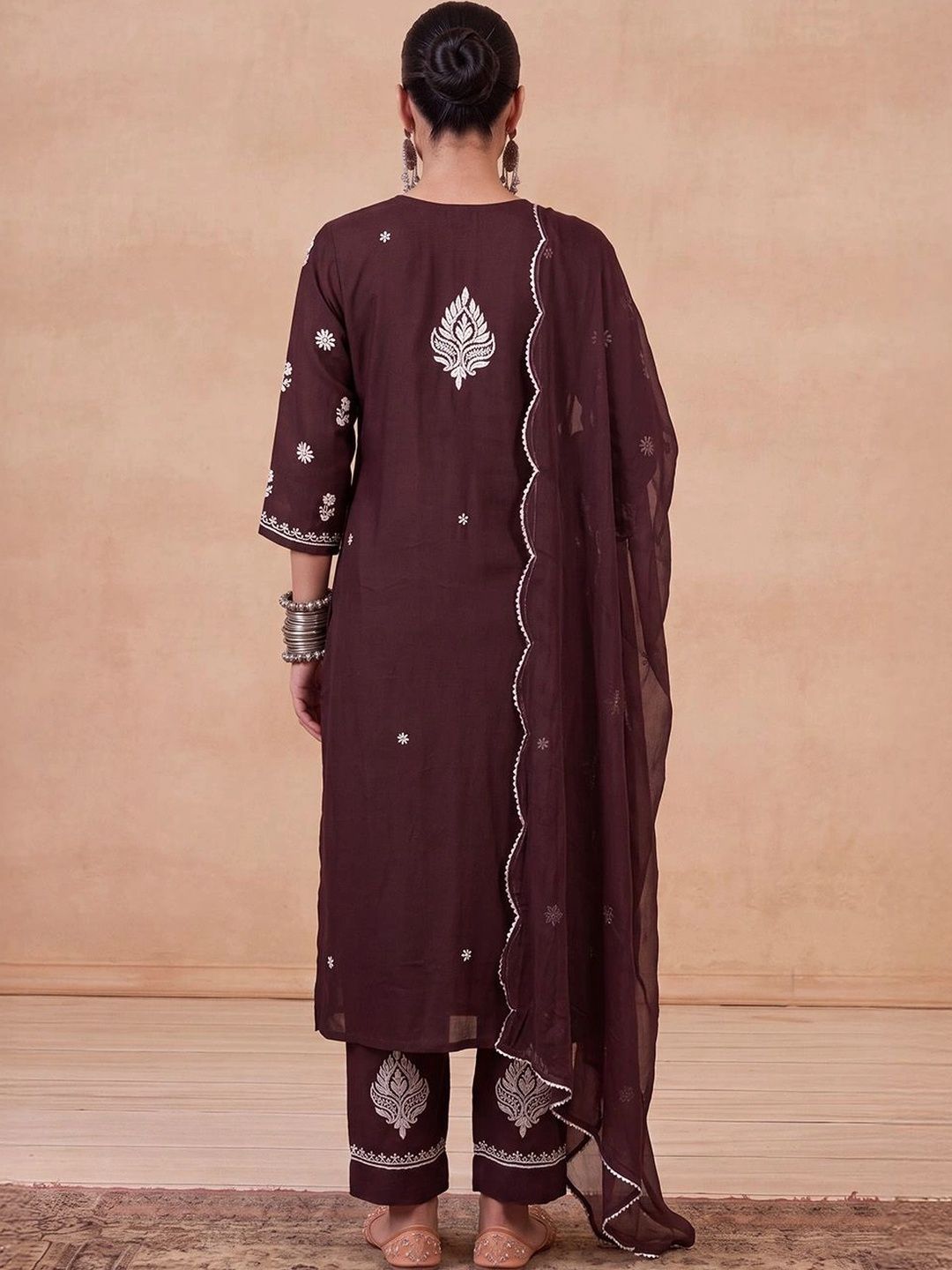 House of Chikankari Women Ethnic Embroidered Thread Work Kurta with Trousers & Dupatta