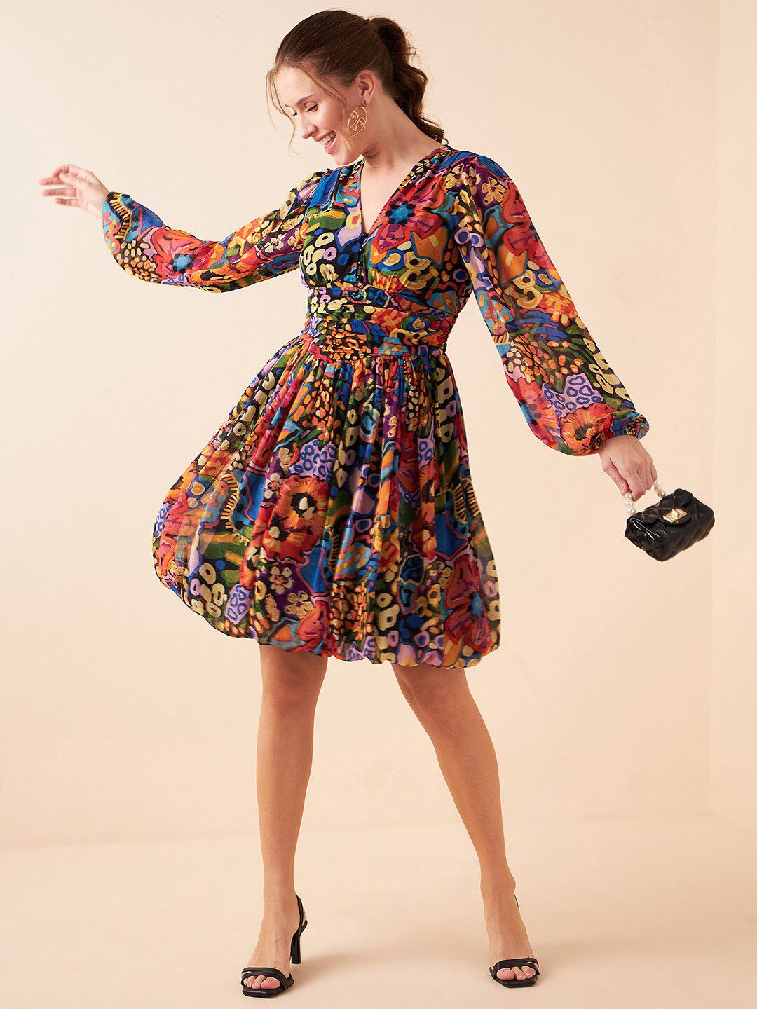 Antheaa Abstract Printed V-Neck Puff Sleeves Fit & Flare Above Knee Dress
