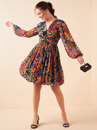 Antheaa Abstract Printed V-Neck Puff Sleeves Fit & Flare Above Knee Dress