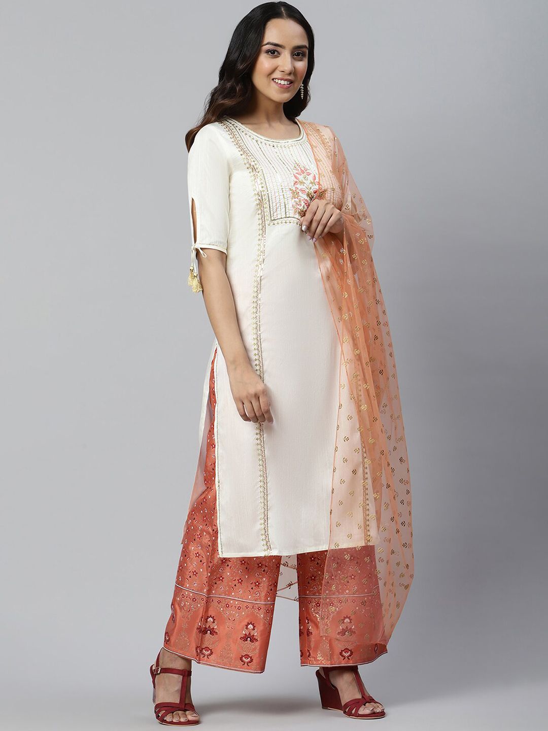 AURELIA Women White Yoke Design Panelled Sequined LIVA Kurti with Palazzos & With Dupatta