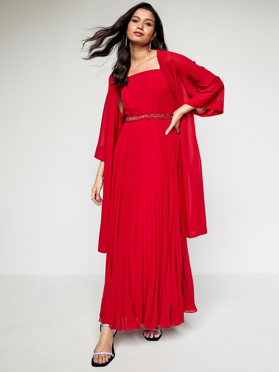 AND Sequined Shoulder Straps Fit & Flare Maxi Dress With Shrug
