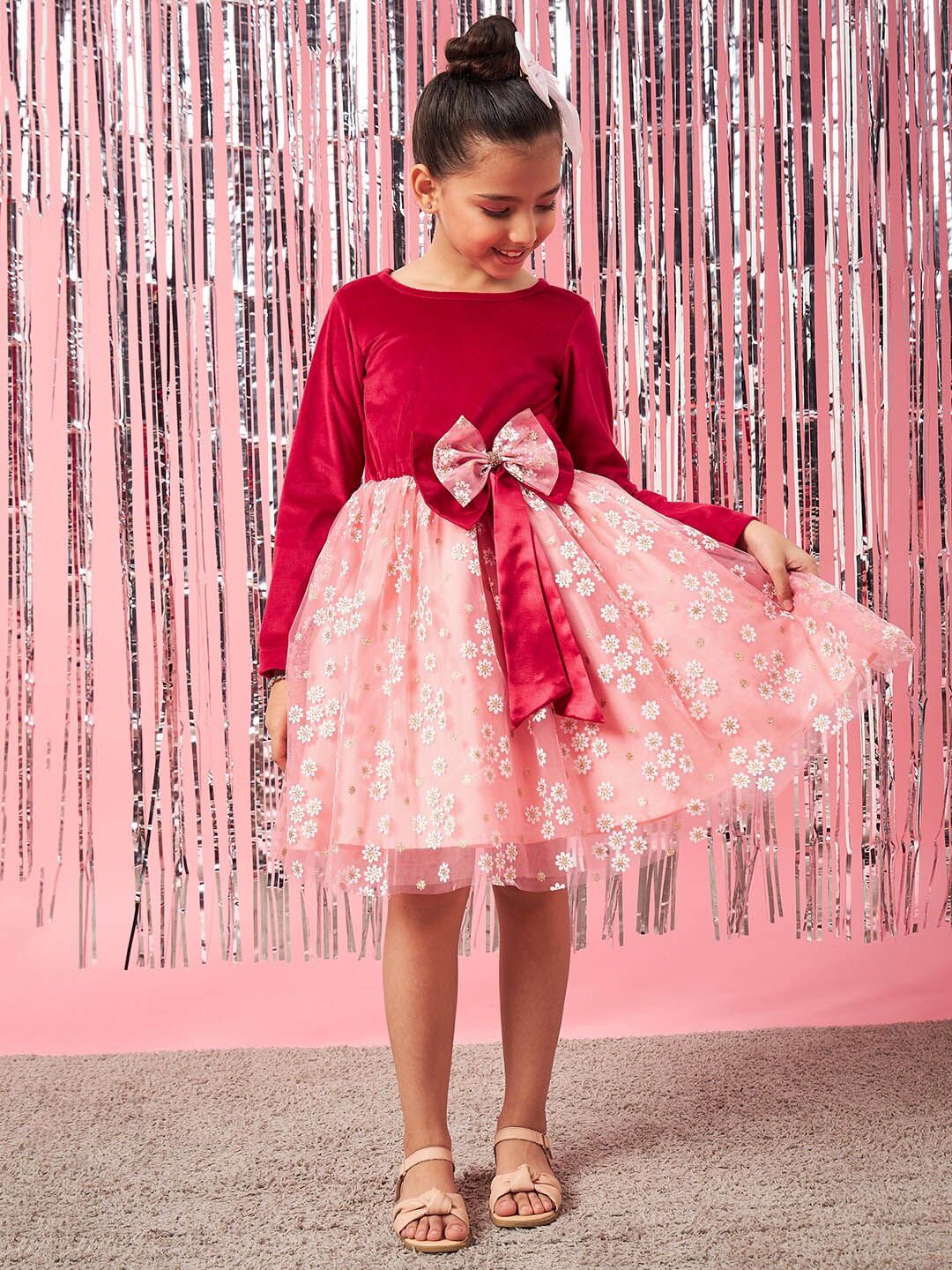 pspeaches Girls Floral Printed Velvet Fit and Flare Dress