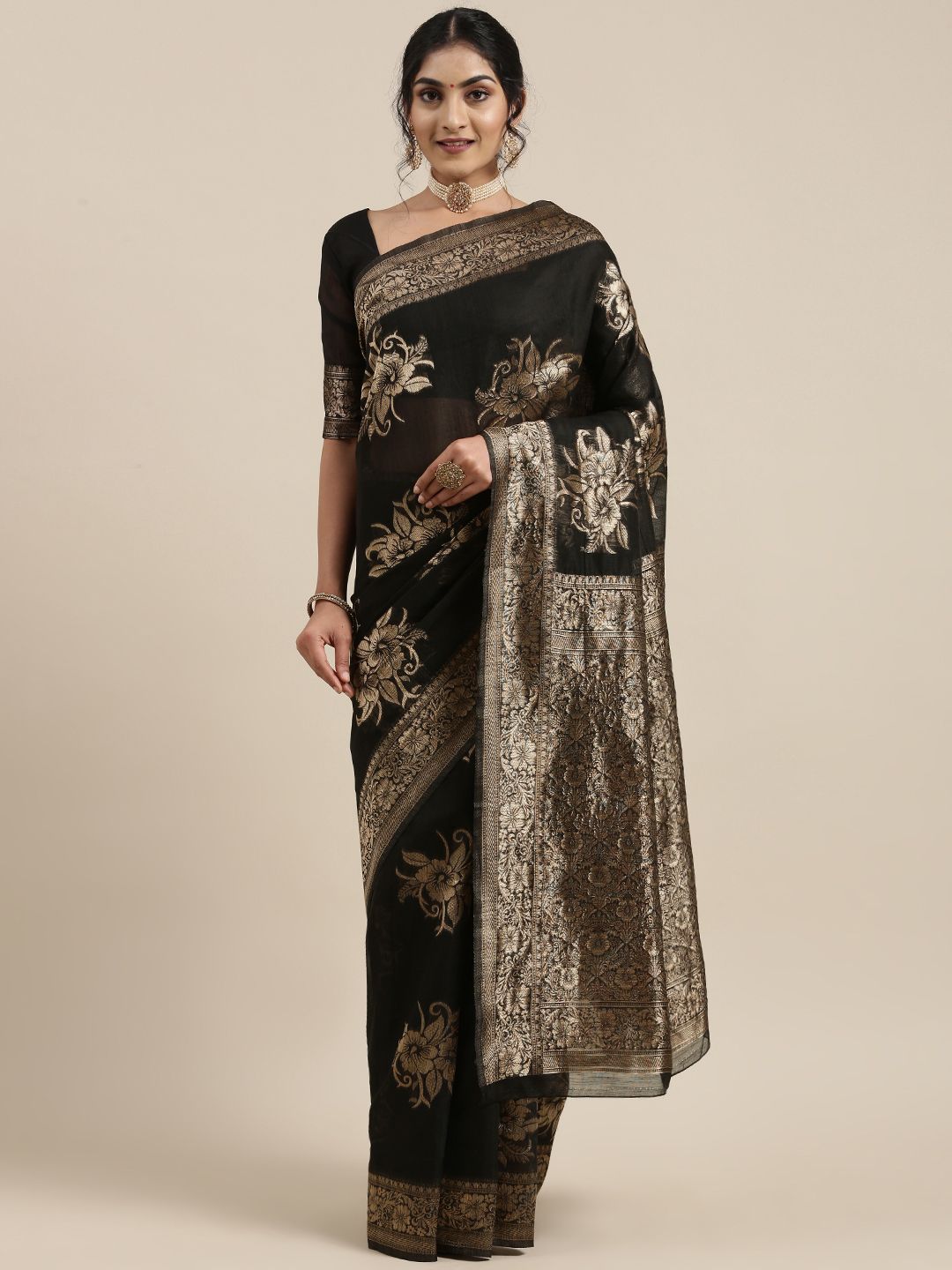 Saree mall Black Floral Linen Blend Banarasi Saree