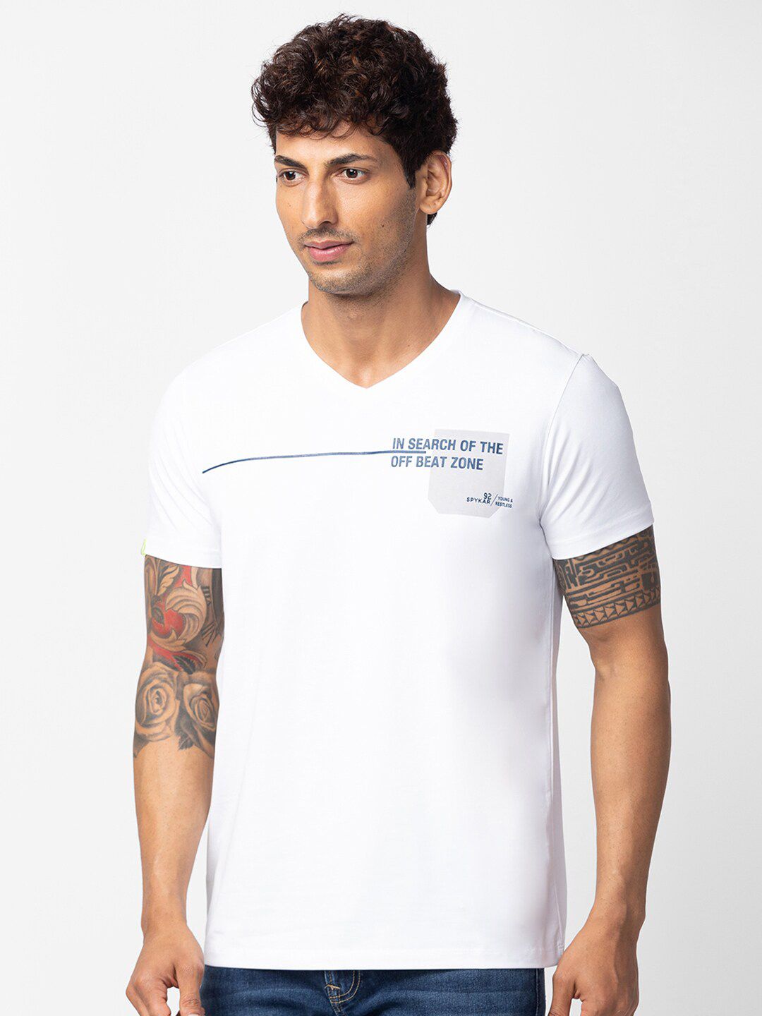 SPYKAR Men Typography V-Neck Cotton T-shirt