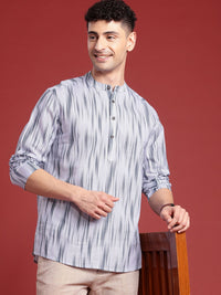 Anouk Men Ikat Printed Mandarin Collar Pure Cotton Short Kurta