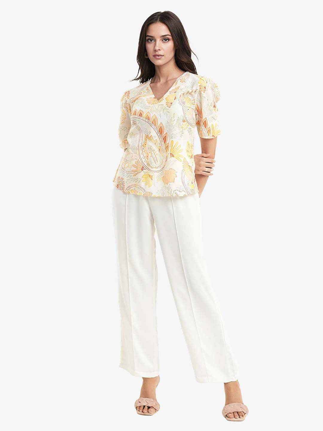 RAREISM Floral Printed Vigeveno Light V-Neck Puff Sleeves Cotton Top