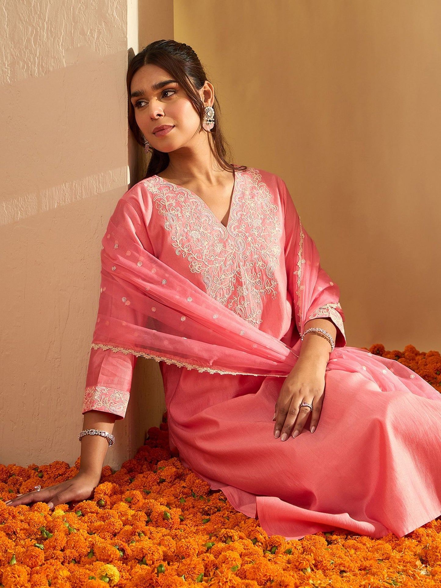 Indo Era Floral Embroidered Liva V-Neck Straight Kurta With Trousers And Dupatta