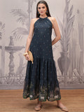 Vishudh Navy Blue Floral Print Tie-Up Neck Gathered Maxi Dress