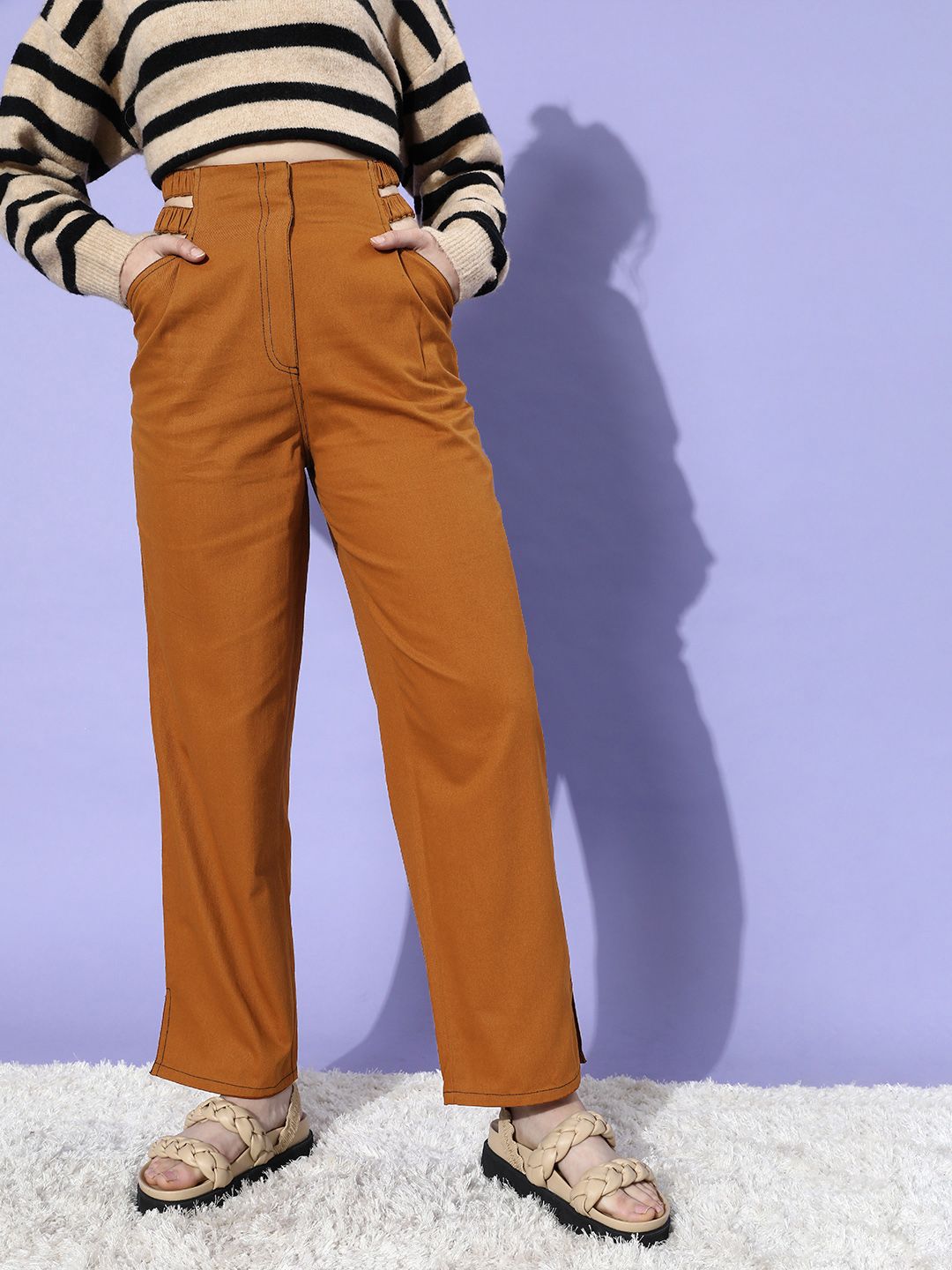 STREET 9 Women Chic Rust Solid High-Rise Trousers