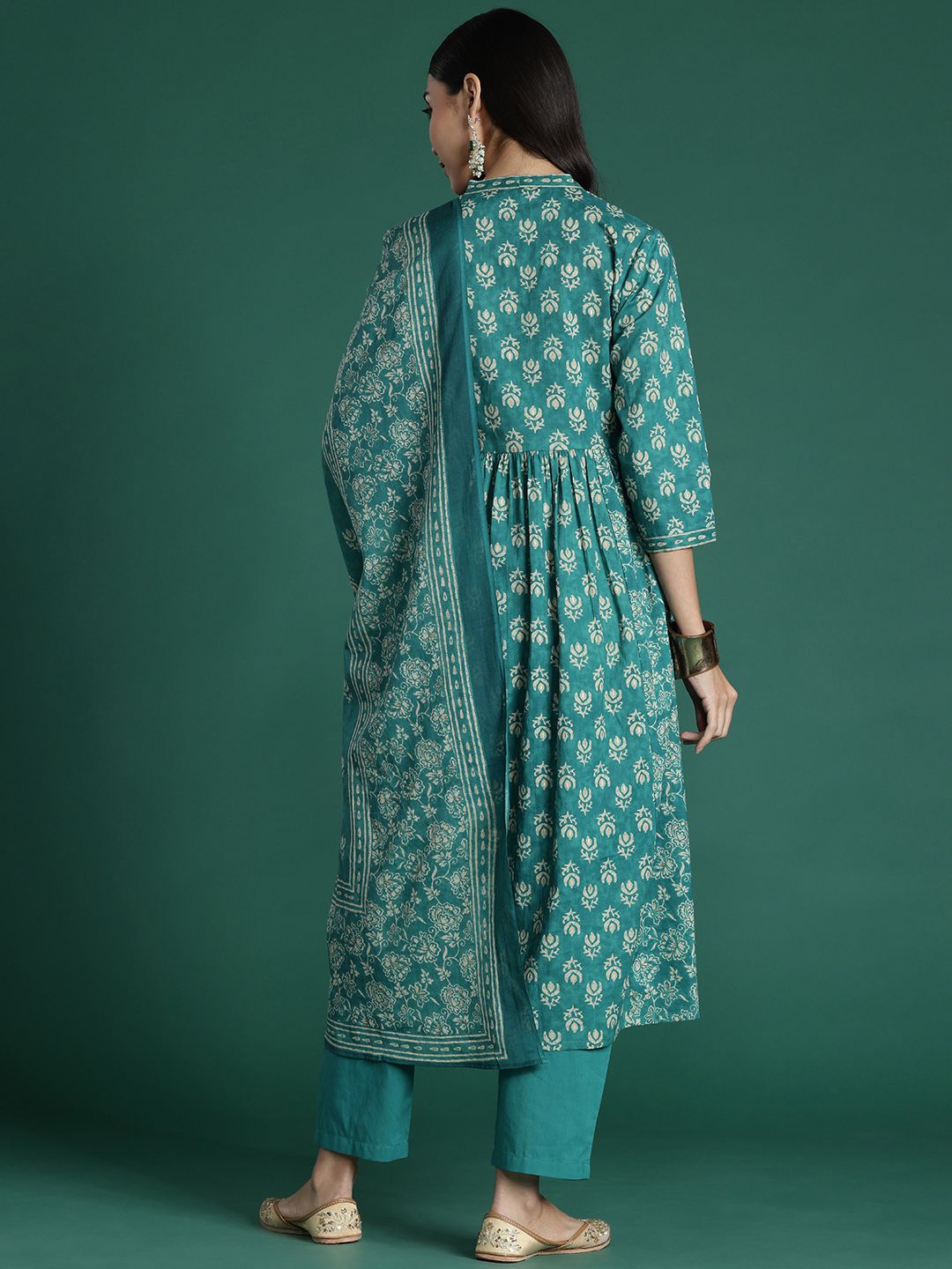 Indo Era Women Floral Printed Empire Pure Cotton Kurta with Trousers & With Dupatta