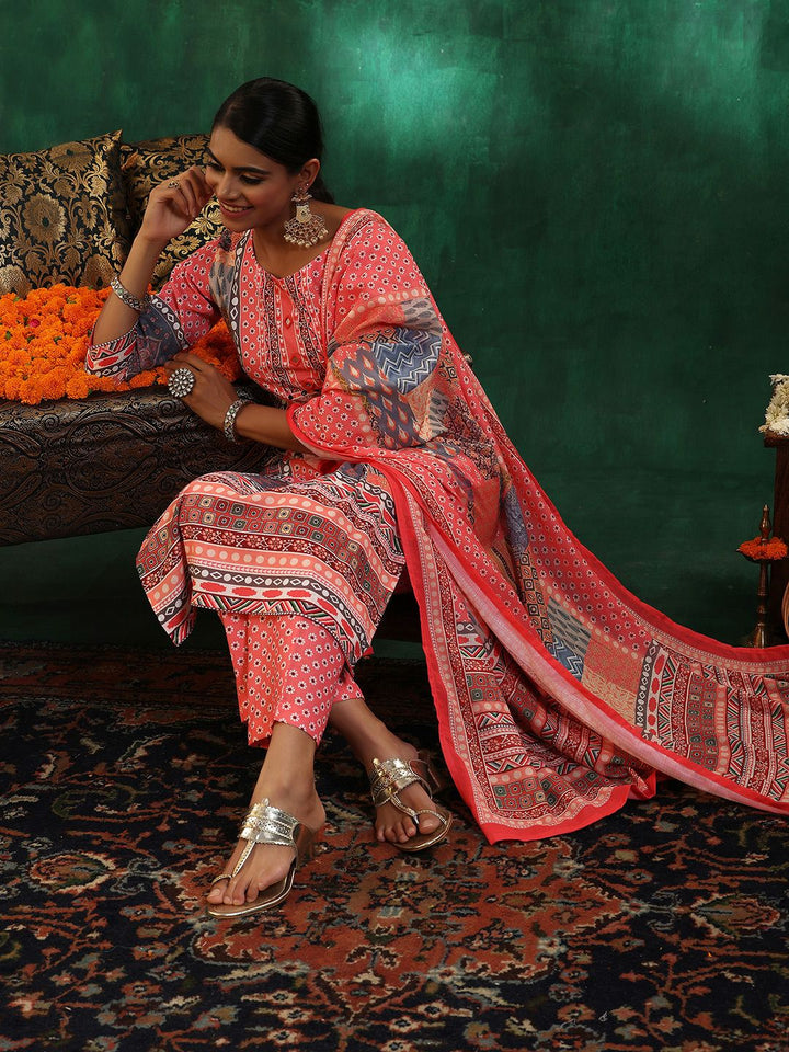 Libas Floral Printed Mirror Work Linen Kurta with Trousers & Dupatta