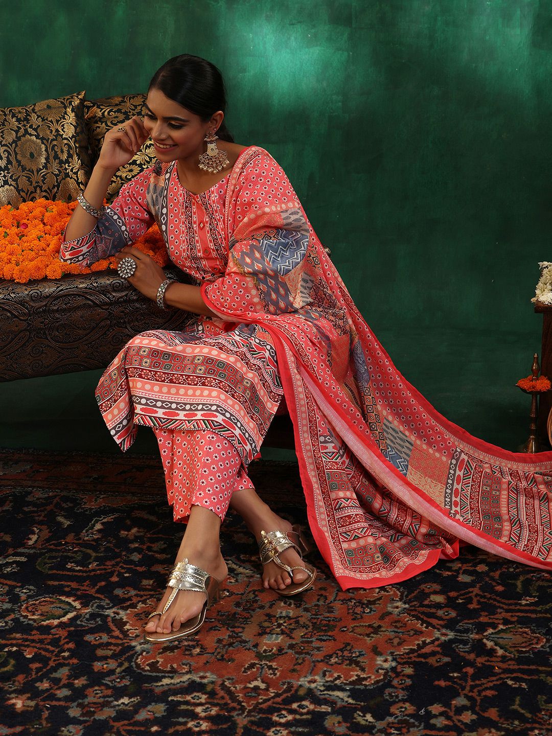 Libas Floral Printed Mirror Work Linen Kurta with Trousers & Dupatta
