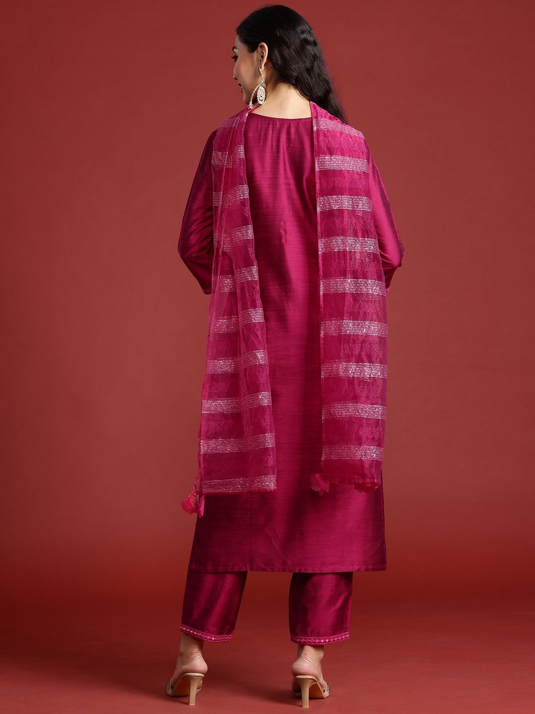 Indo Era Yoke Design Mirror Work Kurta With Trousers & Dupatta
