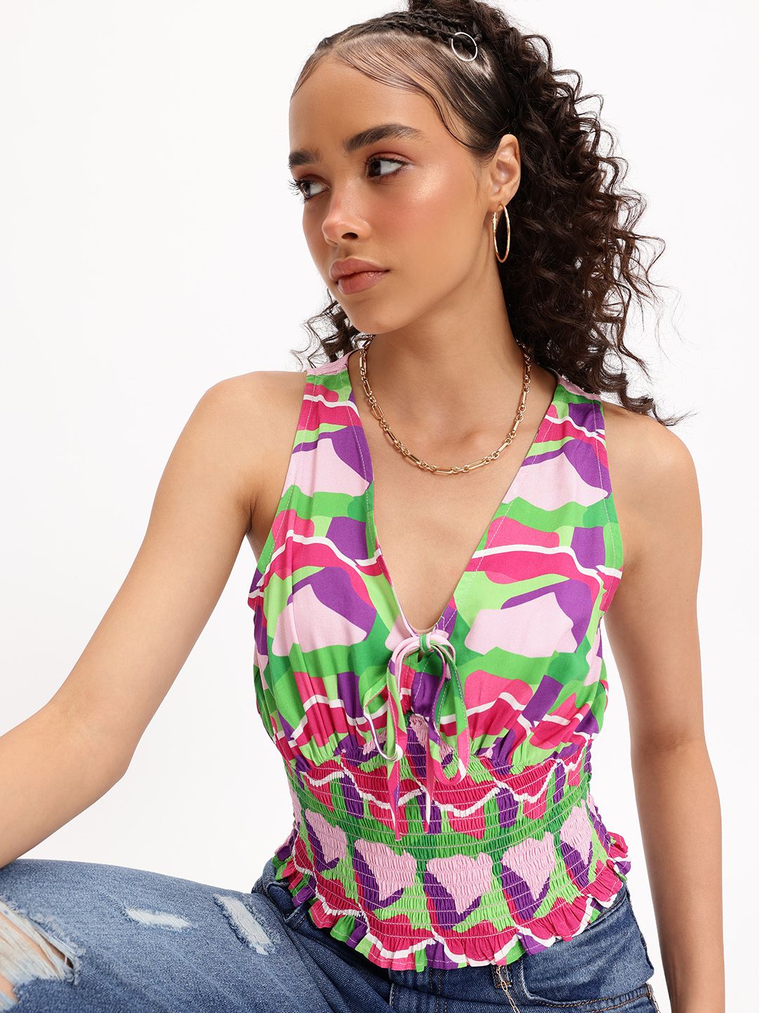 DressBerry Colour Pop Tie-Up Neck Smocked Top