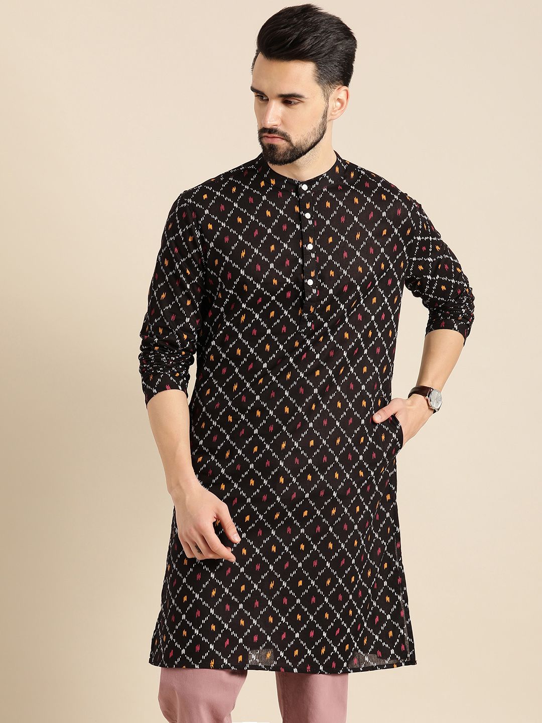 Anouk Men Black & Mustard Yellow Geometric Printed Kurta