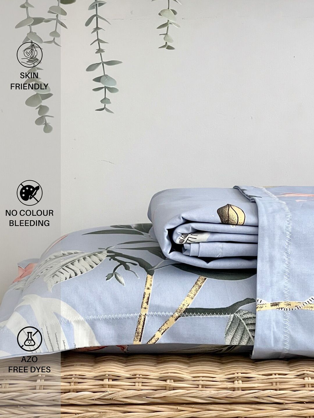 URBAN SPACE Serene Grey & Red Floral Cotton 200 TC Single Bedsheet with 1 Pillow Cover