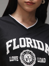 DILLINGER Women Regular Fit Cropped V-Neck Varsity Printed Tshirt