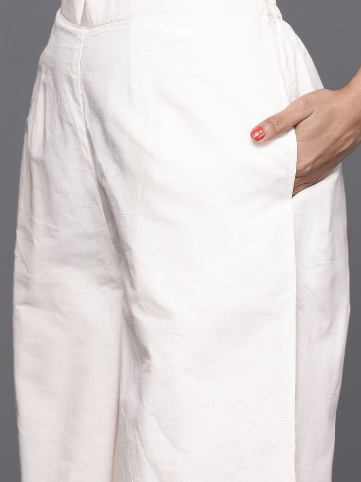 Libas Women Off White & Pink Cotton Floral Thread Work Kurta with Palazzos & Dupatta