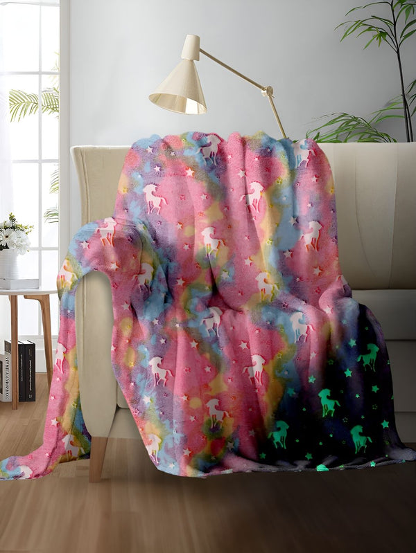 Cortina Glow In The Dark Peach-Coloured & Blue Printed Fleece AC Room Single Bed Blanket