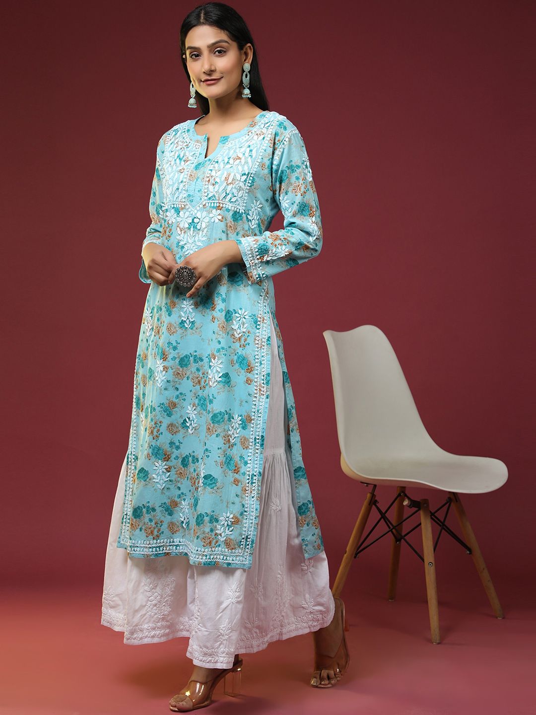 HOUSE OF KARI Floral Printed Thread Work Cotton Kurta