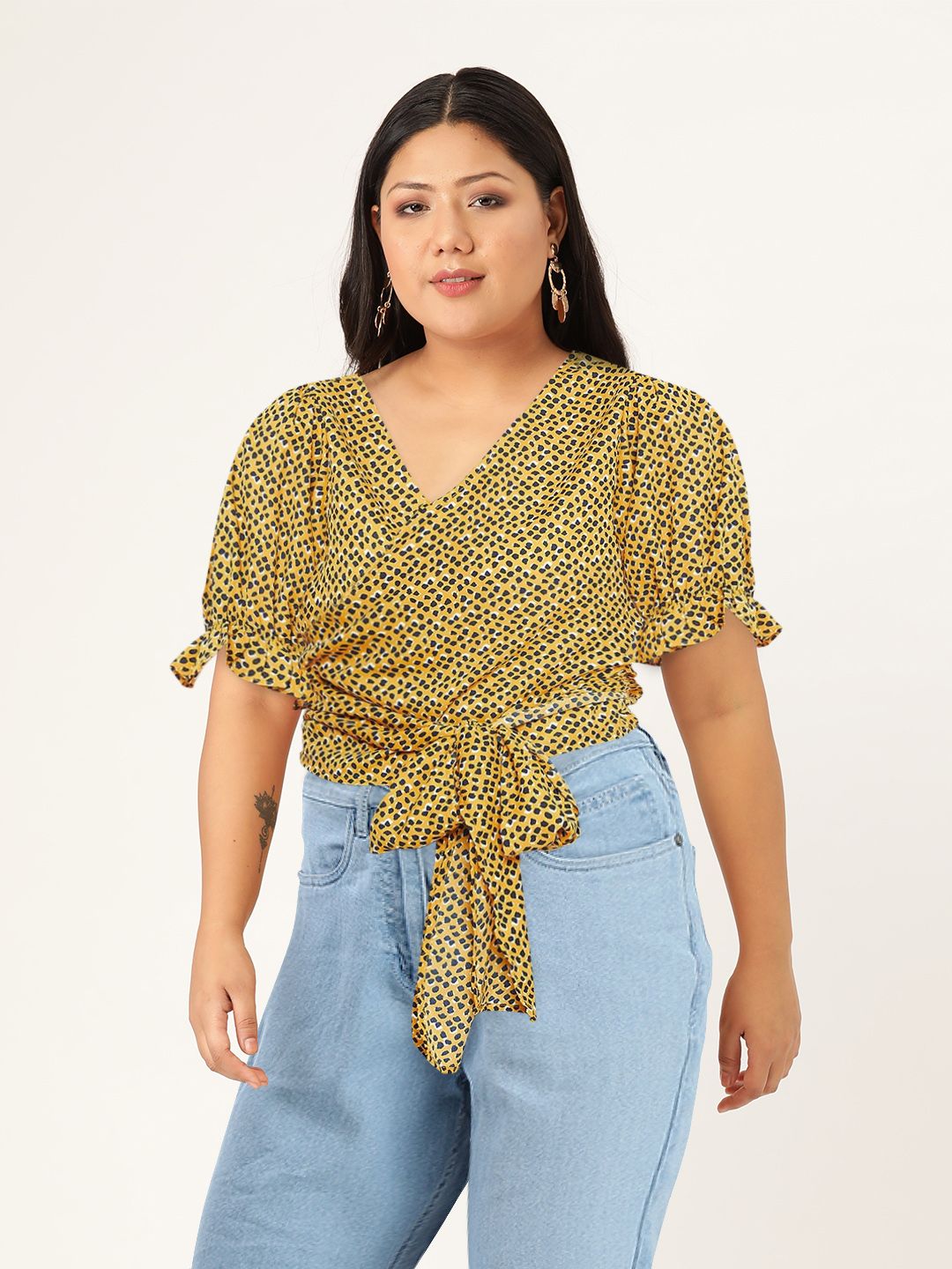 Berrylush Women Yellow Printed Wrap Top