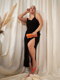Berrylush Curve Plus Size Black Shoulder Straps Split Thigh Maxi Dress