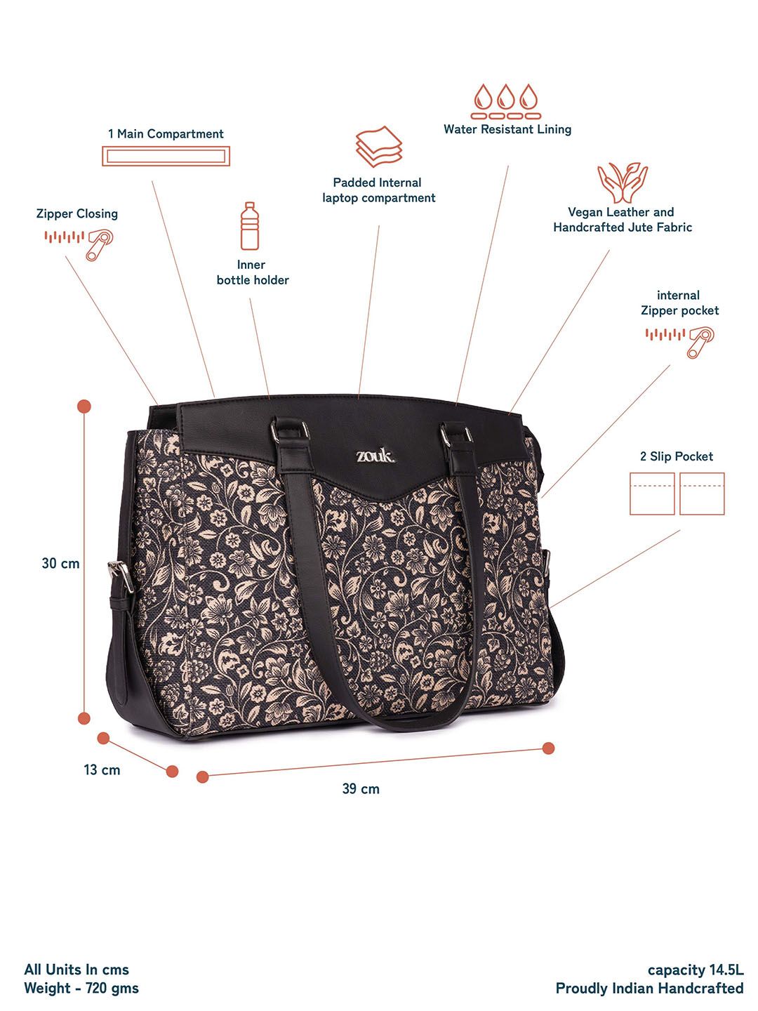 ZOUK Floral Printed Structured Jute Shoulder Bag