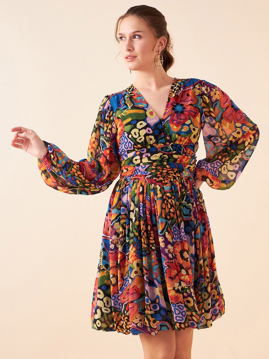 Antheaa Abstract Printed V-Neck Puff Sleeves Fit & Flare Above Knee Dress