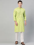 See Designs Men Lime Green & White Printed Pure Cotton Straight Kurta