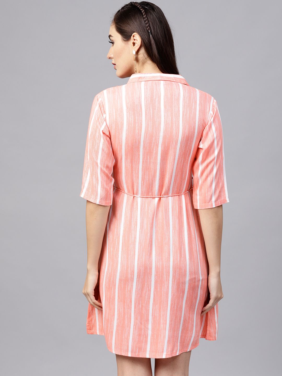 Gerua By Libas Women Coral Pink White Striped Shirt Dress