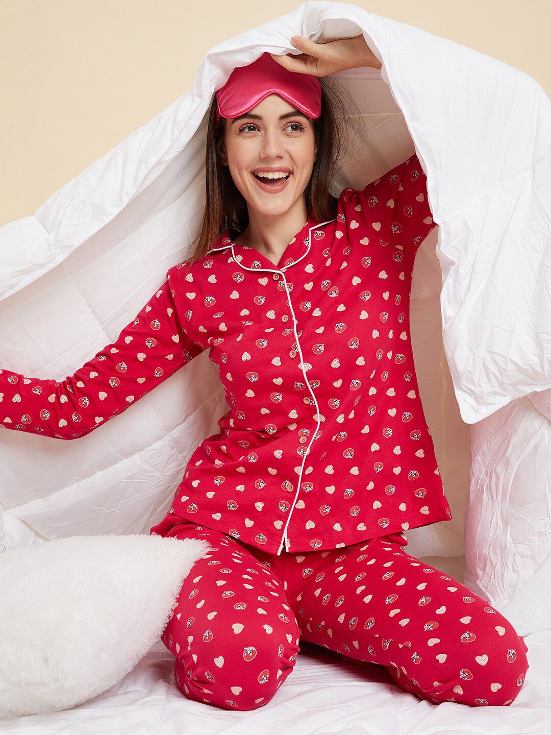 Sweet Dreams Pink & Beige Graphic Printed Pure Cotton Night suit