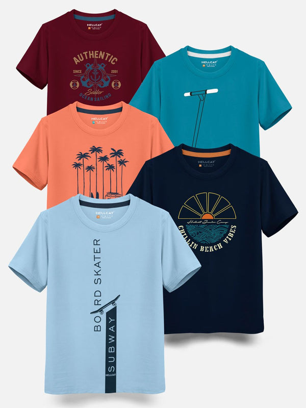 HELLCAT Boys Pack Of 5 Typography Printed Cotton T-shirt