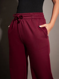 SASSAFRAS Women Maroon Relaxed Fit Mid-Rise Fleece Track Pants