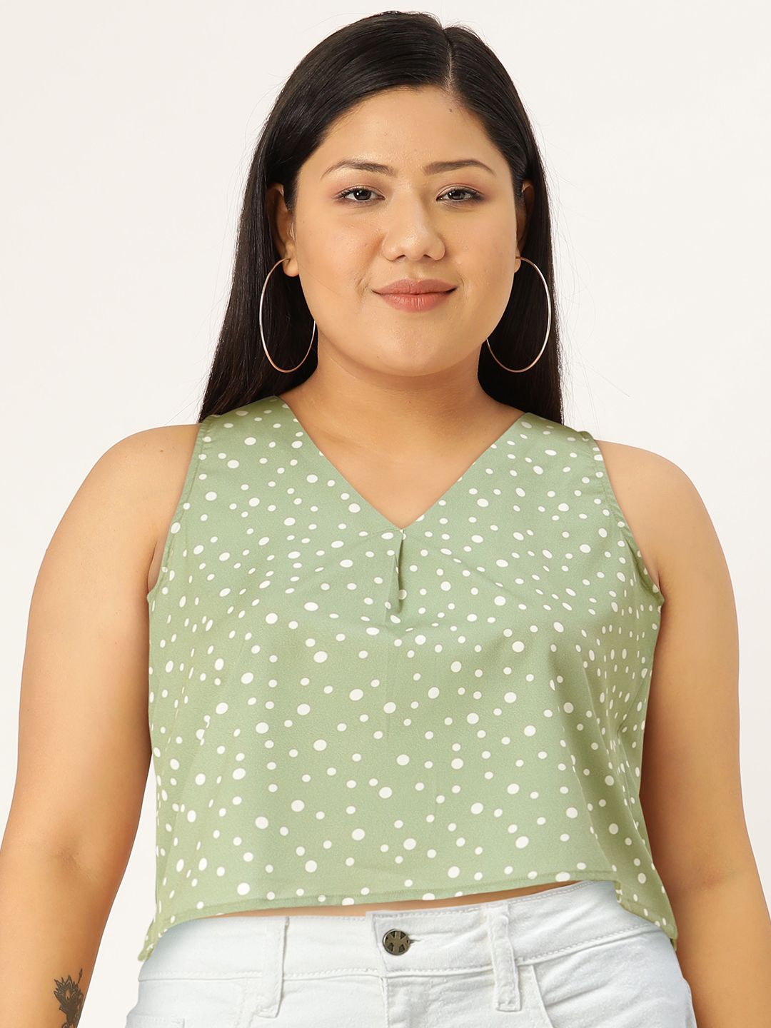 DressBerry Green & White Polka Dots Print Top