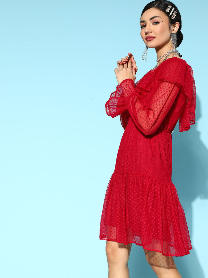 Athena Red Self Design Dobby Net A-Line Dress